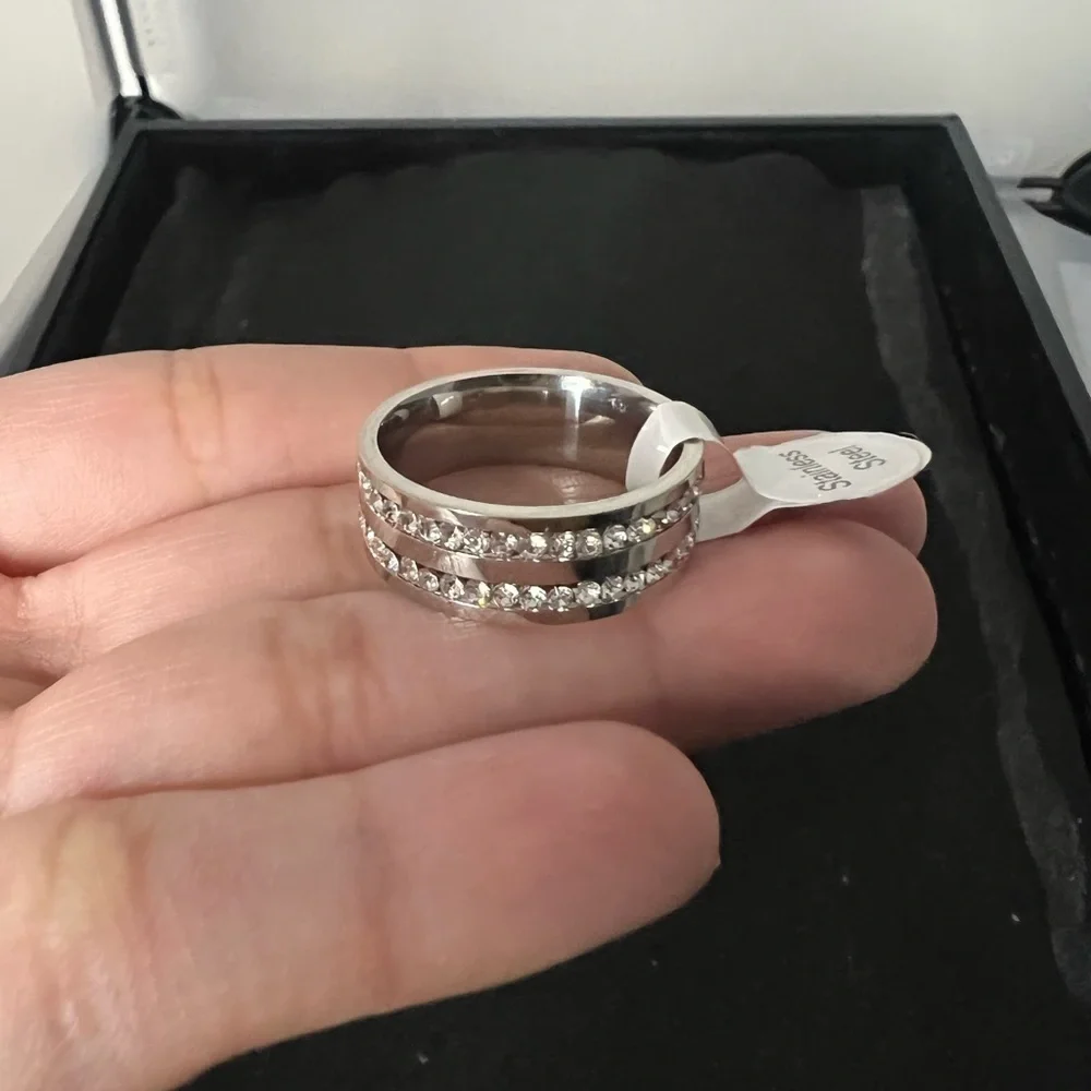 Men's Crystal Cubic Zirconia Double Row Stainless Steel Ring Size 10 New